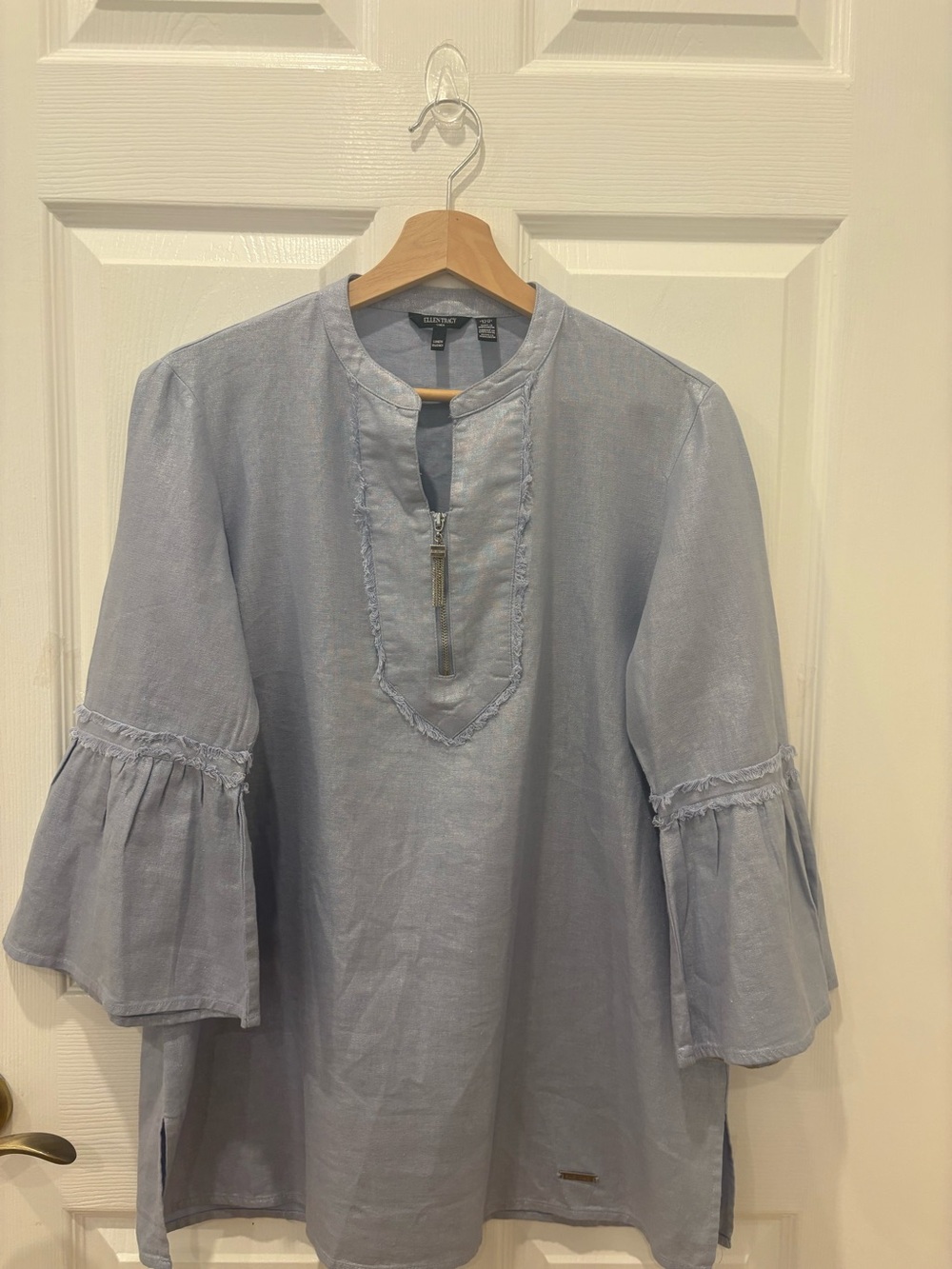 Ellen Tracy Light Blue Metallic Linen-Blend Tunic with Zip